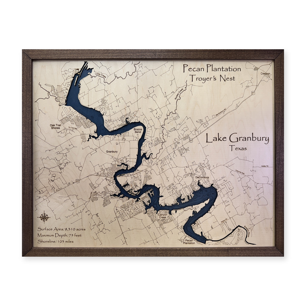 Granbury Troyer wood map — single layer with engraved contours, white background