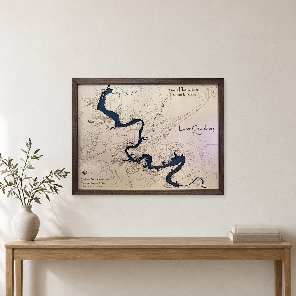 Granbury Troyer wood map — single layer with engraved contours, staged room mockup