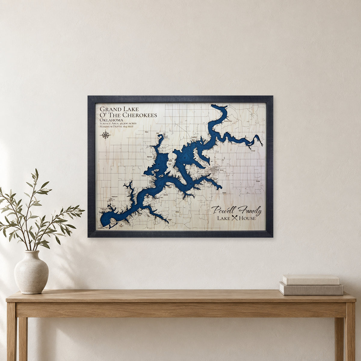 Grand Cherokees Powell wood map — single layer with engraved contours, staged room mockup