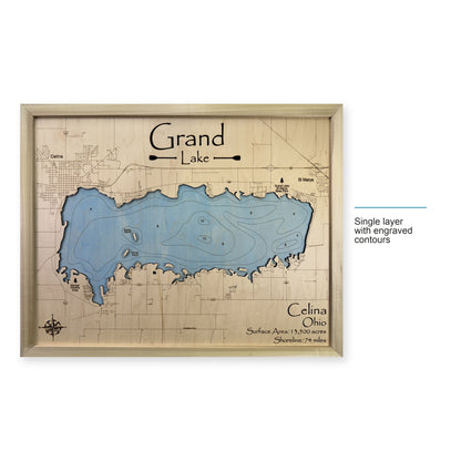 Grand Lake Celina wood map — single layer with engraved contours, layer option shown