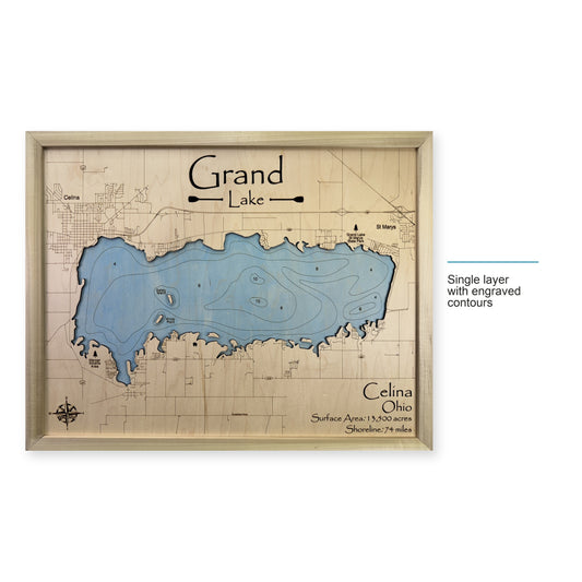 Grand Lake Celina wood map — single layer with engraved contours, layer option shown