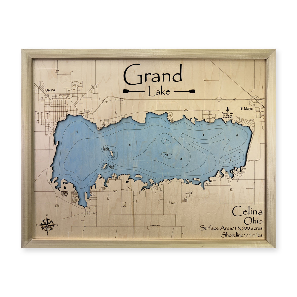 Grand Lake Celina wood map — single layer with engraved contours, white background