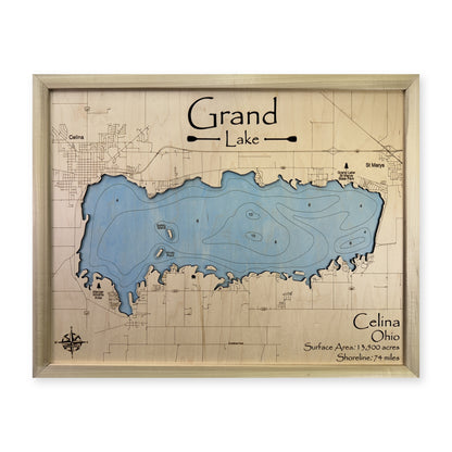Grand Lake Celina wood map — single layer with engraved contours, white background
