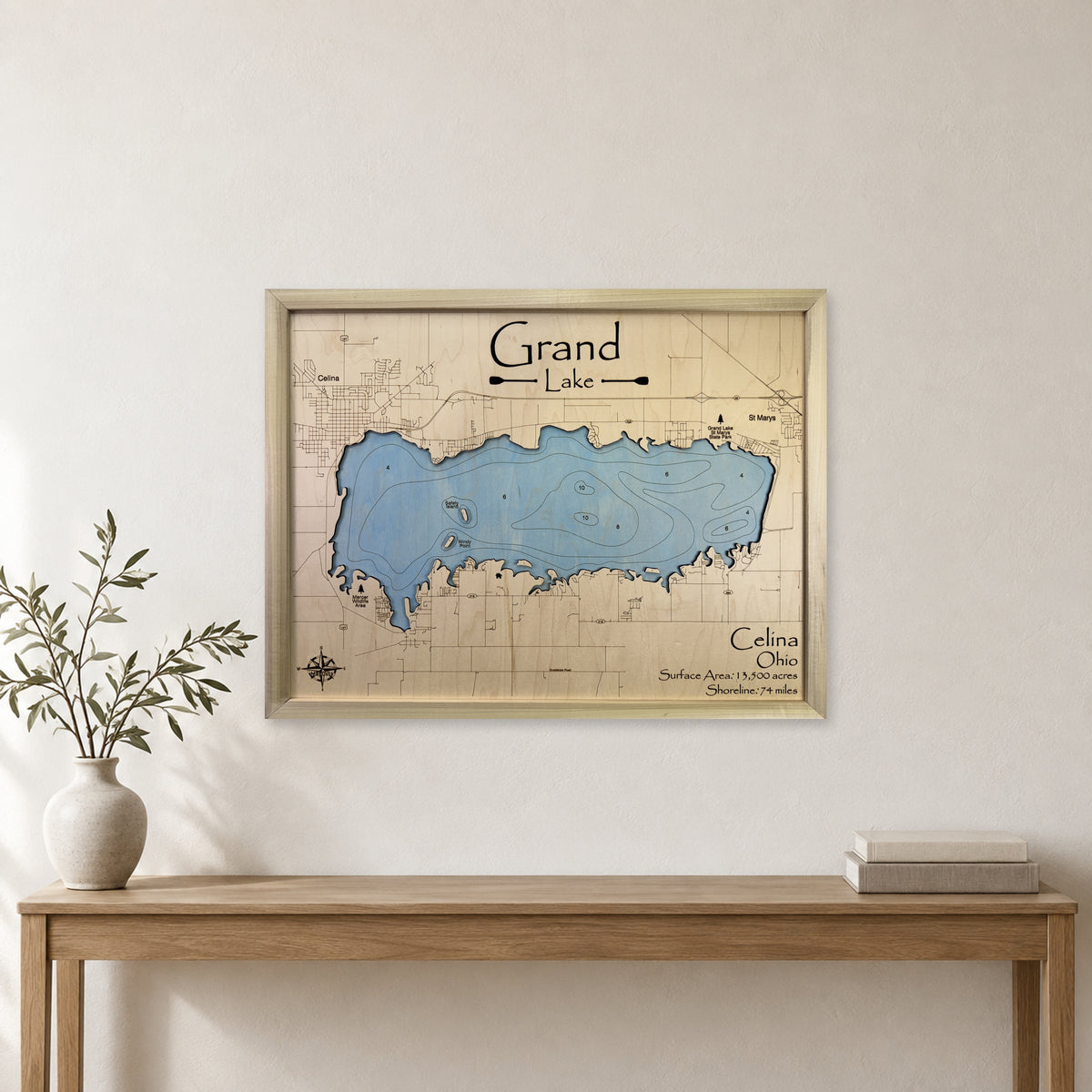 Grand Lake Celina wood map — single layer with engraved contours, staged room mockup