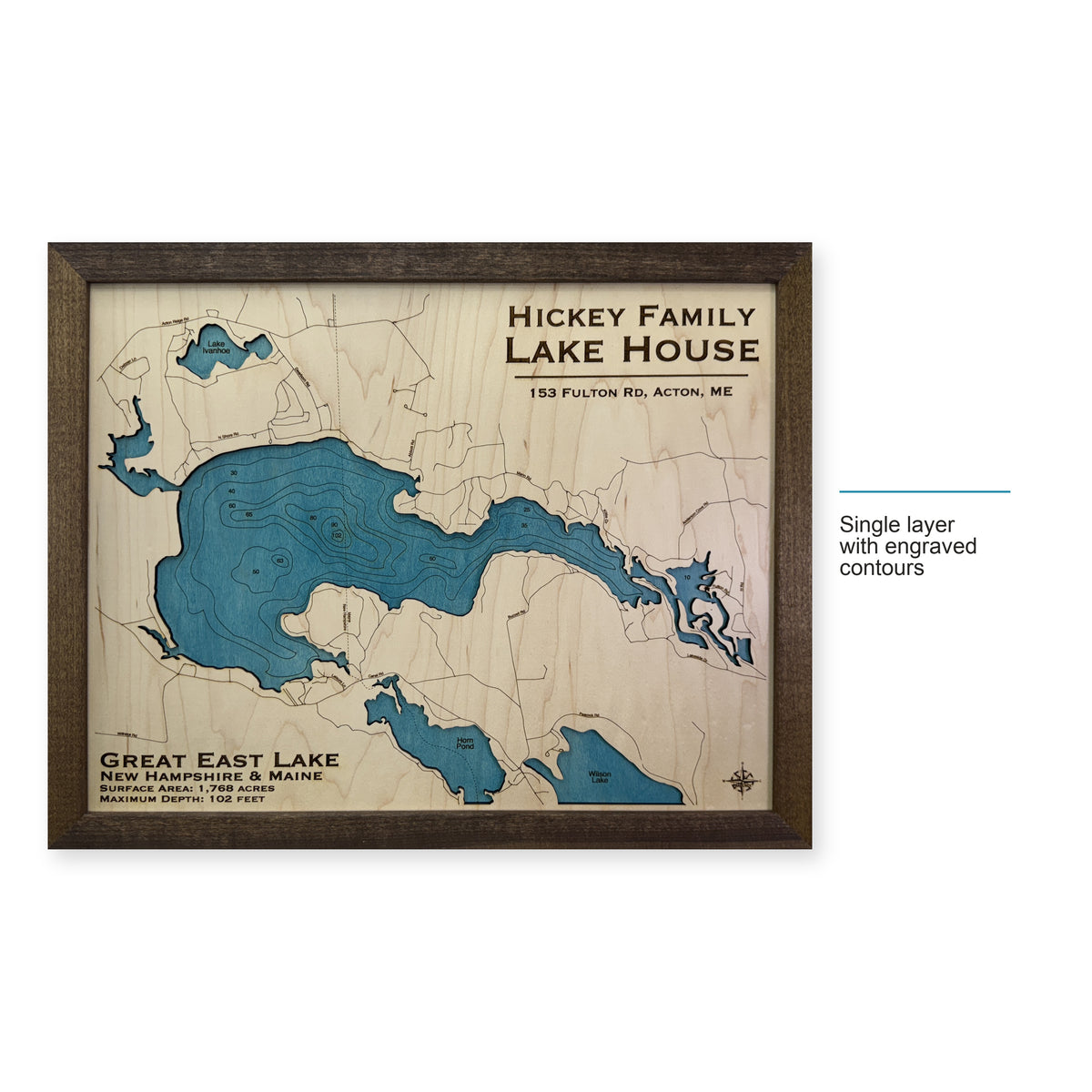 Great East Hickey wood map — single layer with engraved contours, layer option shown