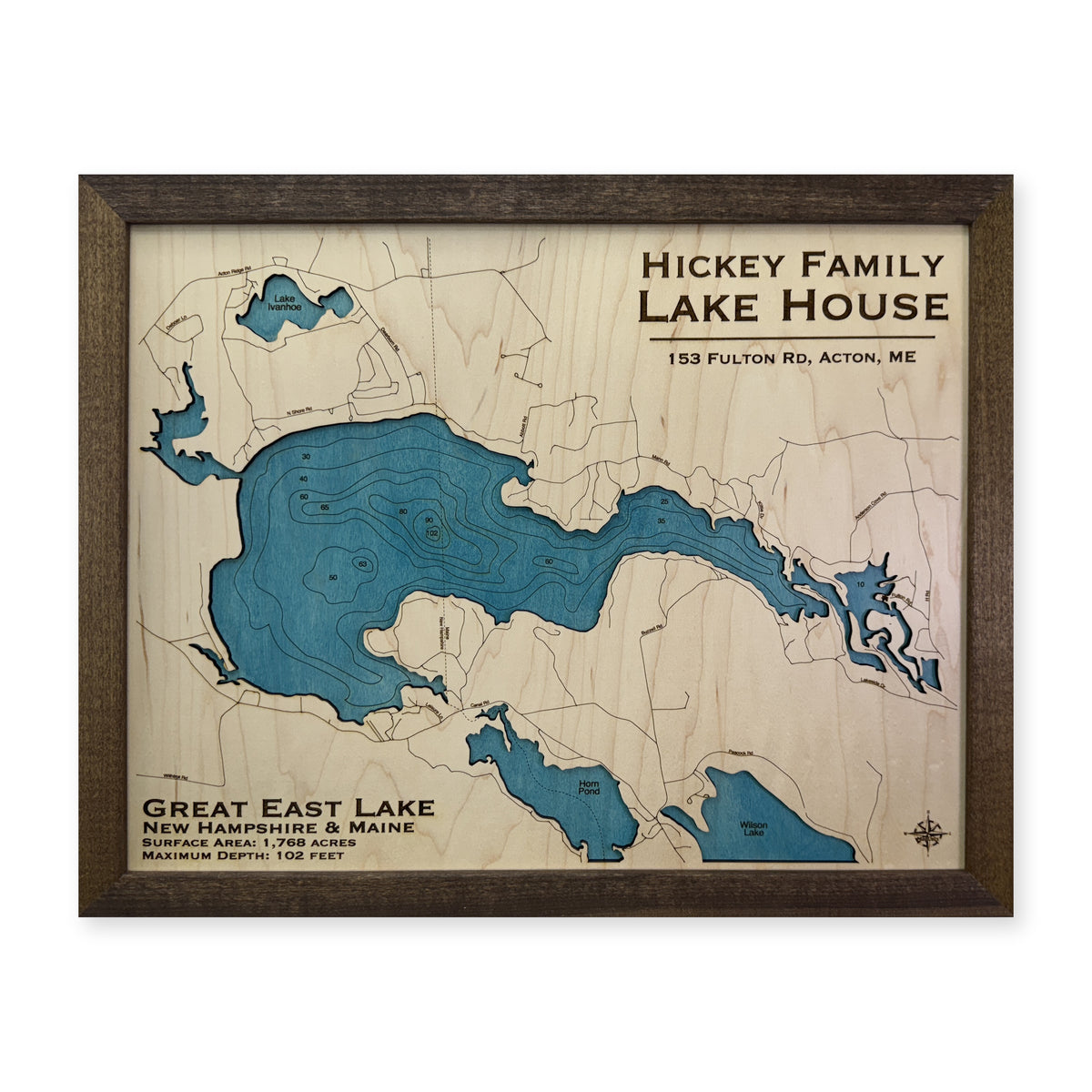 Great East Hickey wood map — single layer with engraved contours, white background