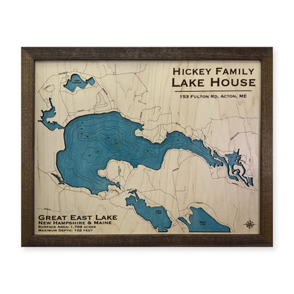 Great East Hickey wood map — single layer with engraved contours, white background