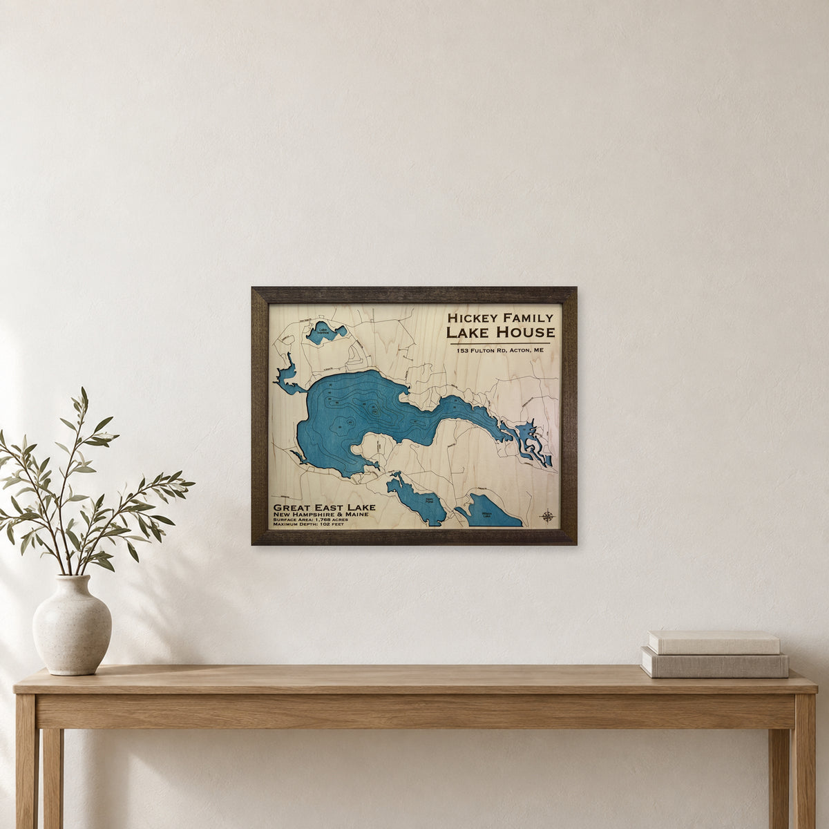 Great East Hickey wood map — single layer with engraved contours, staged room mockup