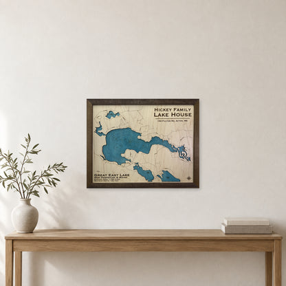 Great East Hickey wood map — single layer with engraved contours, staged room mockup