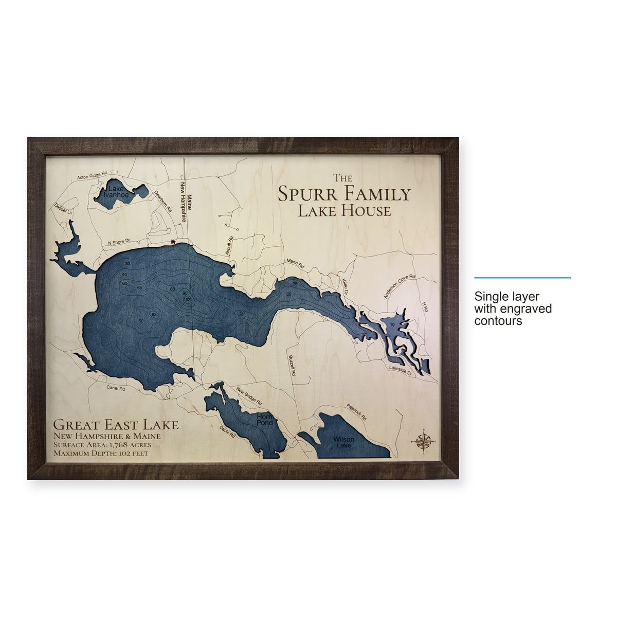 Great East Spurr wood map — single layer with engraved contours, layer option shown