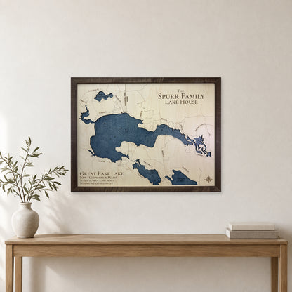 Great East Spurr wood map — single layer with engraved contours, staged room mockup