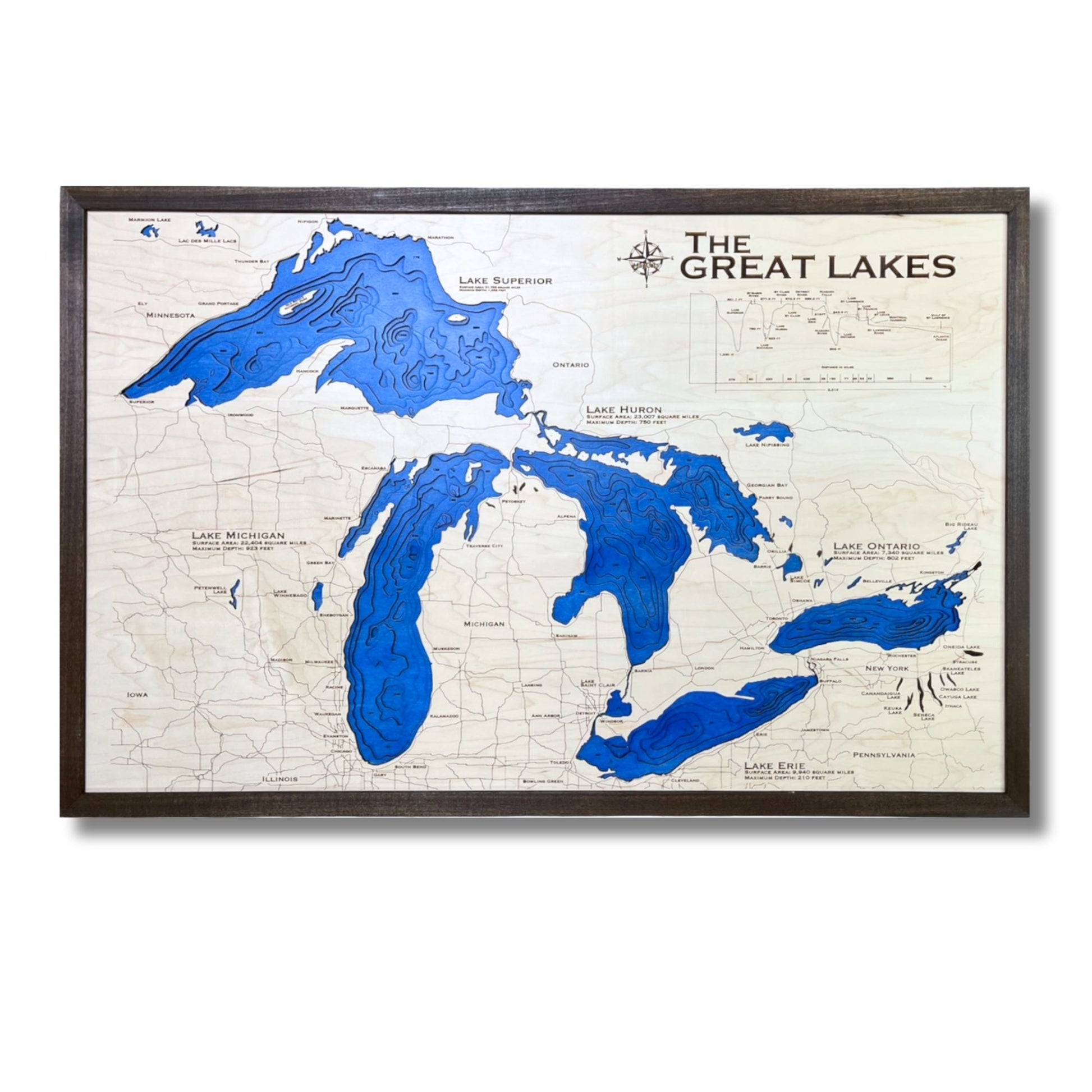Large wooden multilayer map of The Great Lakes on a white background. 