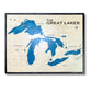 Great Lakes wooden map with cut water layers and black frame. 