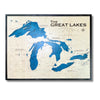 Great Lakes wooden map with cut water layers and black frame. 