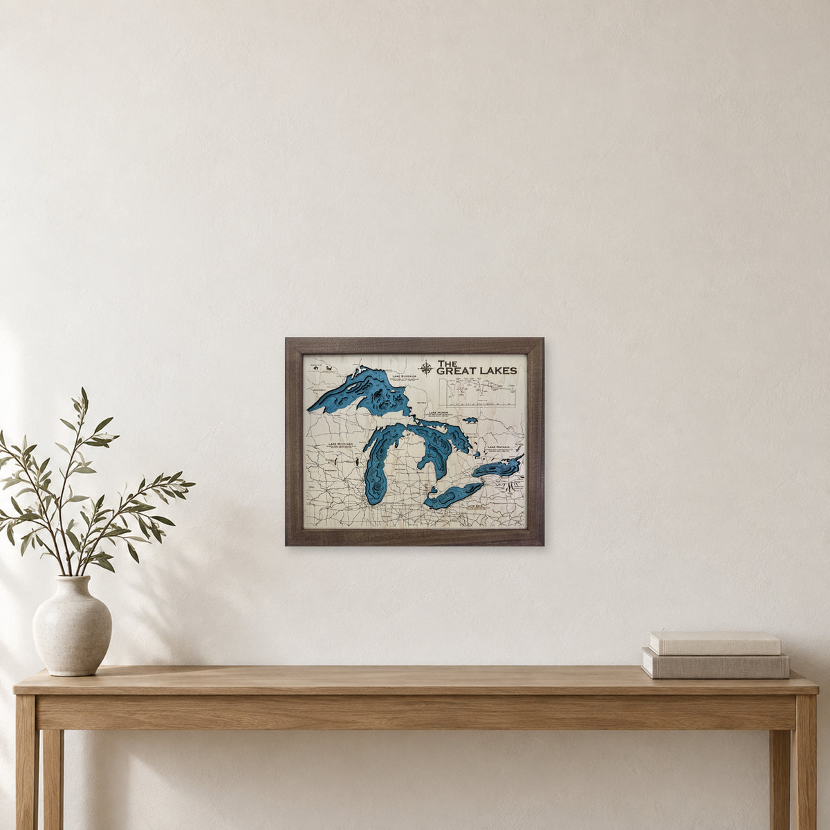 Great Lakes Wood Map — multilayer example, staged room mockup