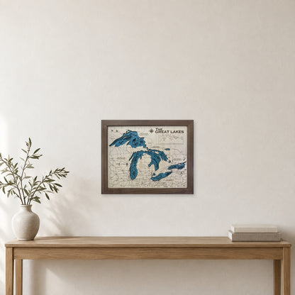 Great Lakes Wood Map — multilayer example, staged room mockup