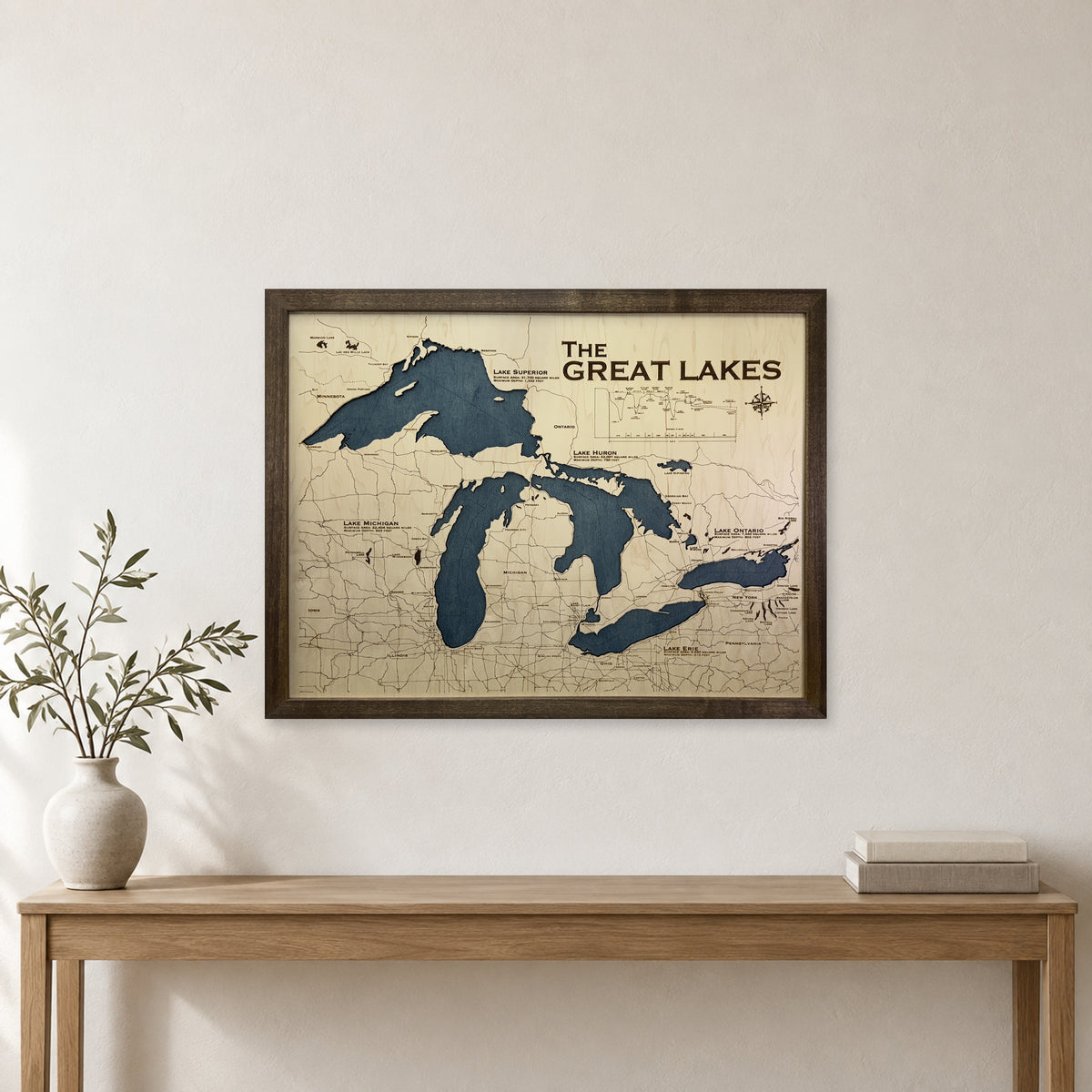 Great Lakes wood map — single layer, staged room mockup