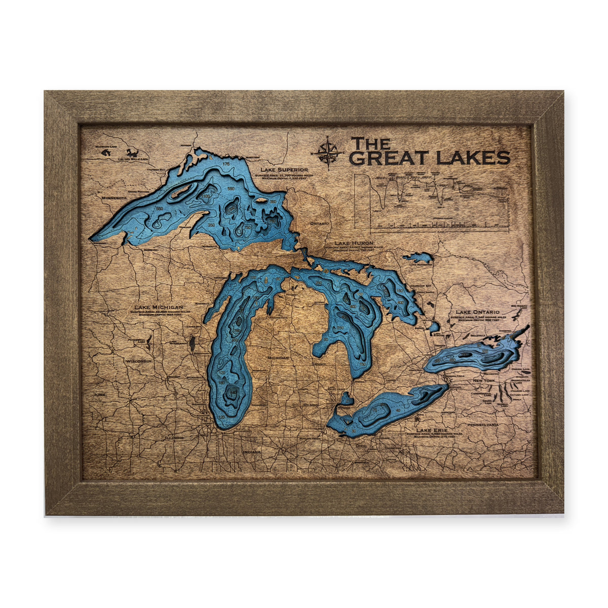 Great Lakes Stained wood map — multilayer, white background