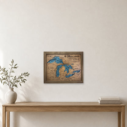 Great Lakes Stained wood map — multilayer, staged room mockup