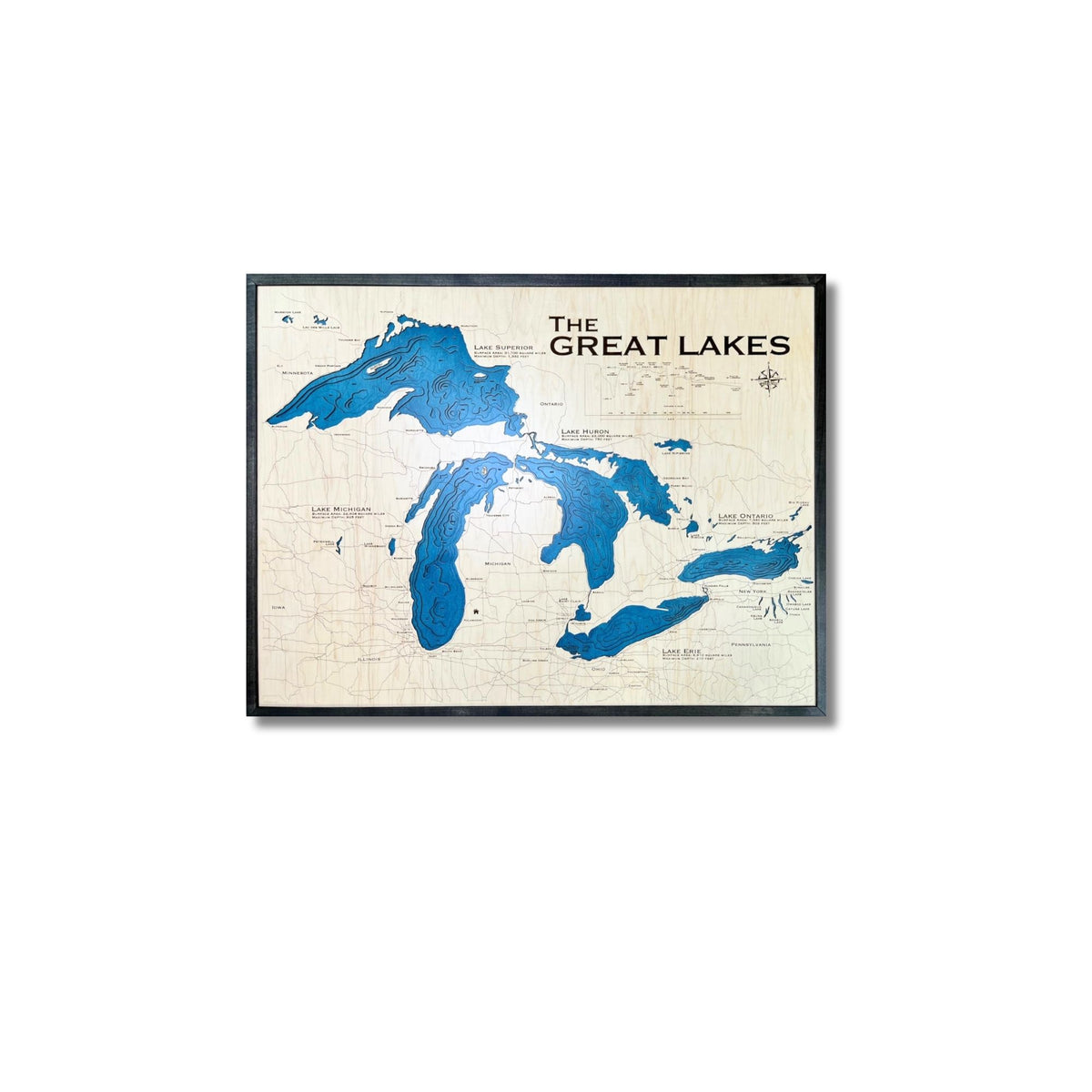 Wooden 3D map of The Great Lakes with a black frame on a white background