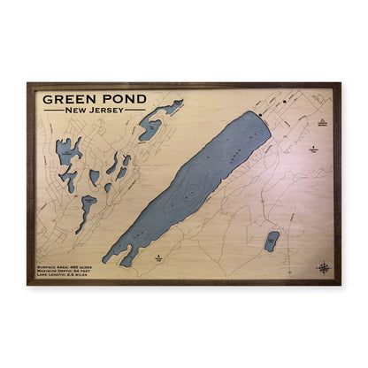 Green Pond New Jersey wood map — single layer with engraved contours, white background