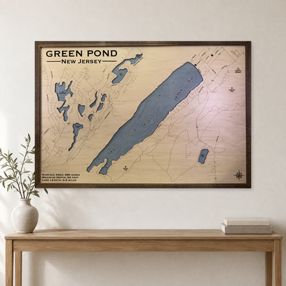 Green Pond New Jersey wood map — single layer with engraved contours, staged room mockup