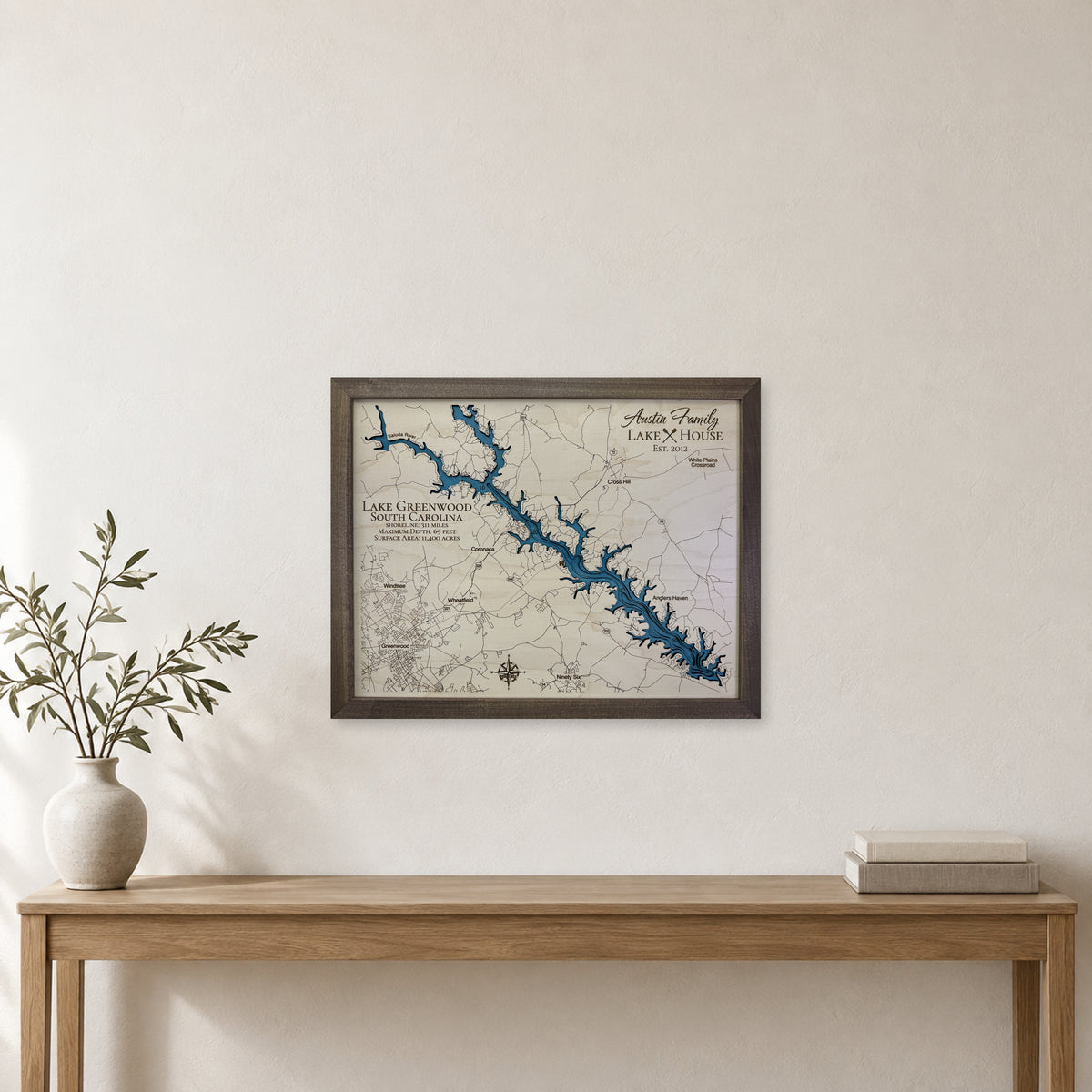 Greenwood Austin wood map — multilayer, staged room mockup