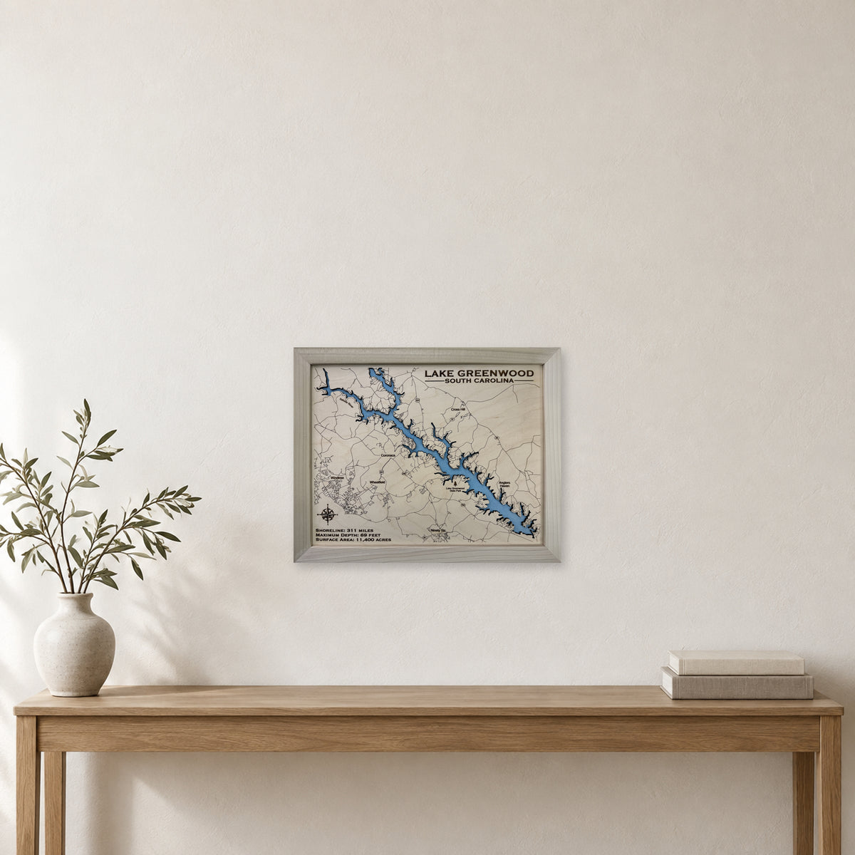 Greenwood Natural wood map — single layer, staged room mockup