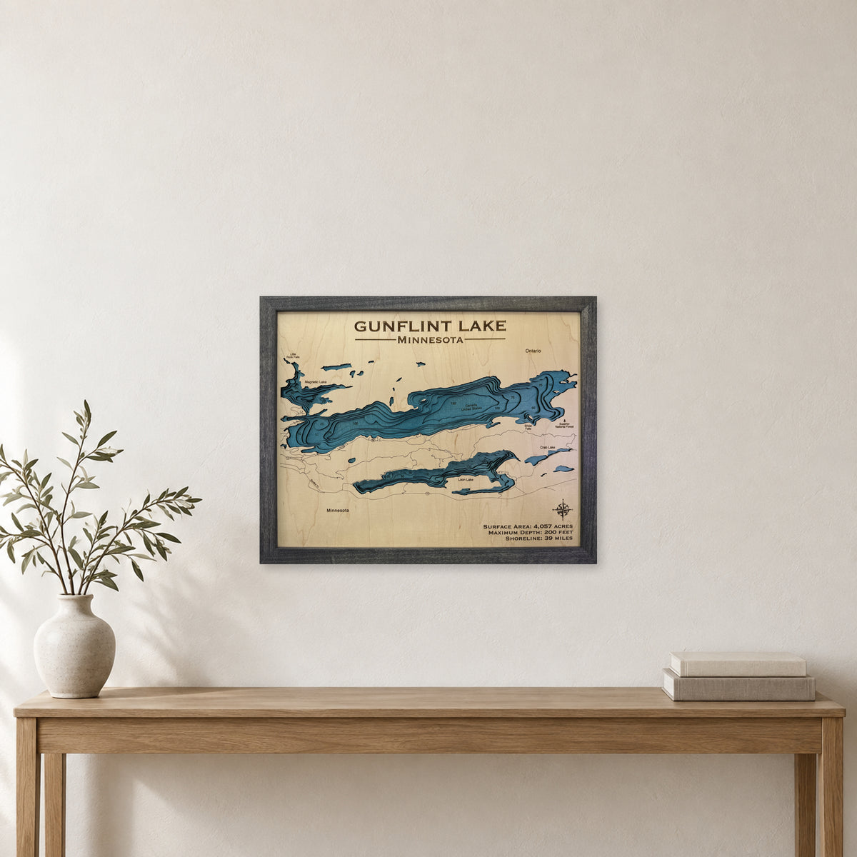 Gunflint Erickson wood map — multilayer, staged room mockup