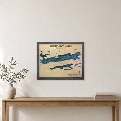 Gunflint Erickson wood map — multilayer, staged room mockup