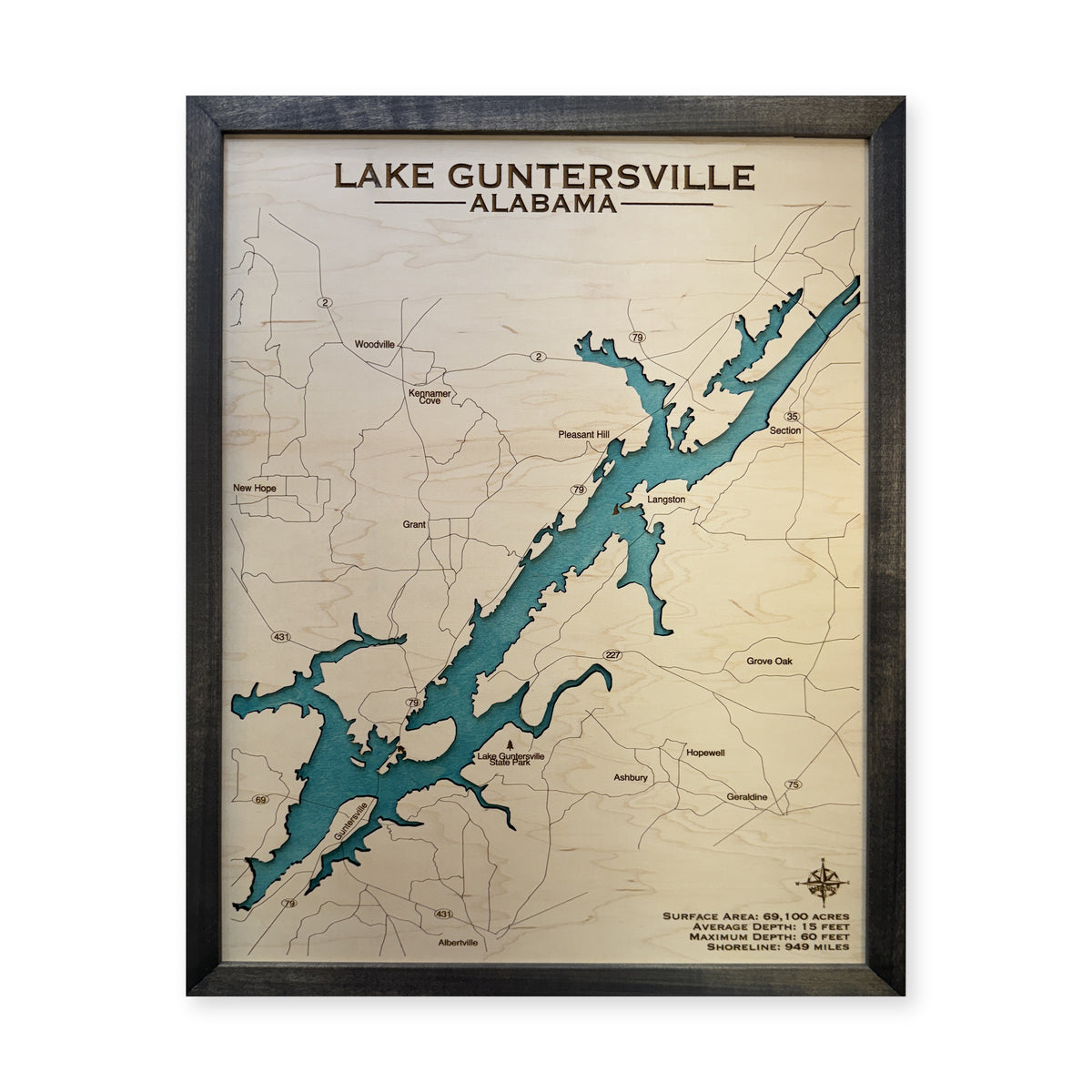 Guntersville Black wood map — single layer, white background