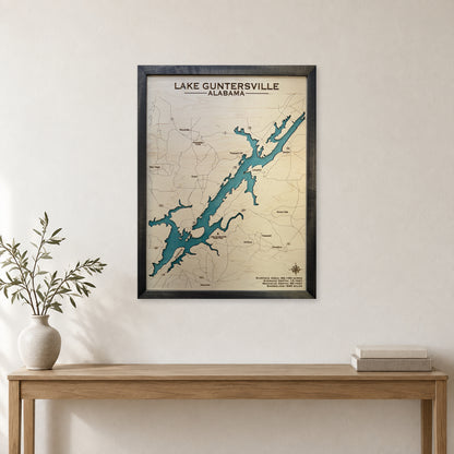 Guntersville Black wood map — single layer, staged room mockup
