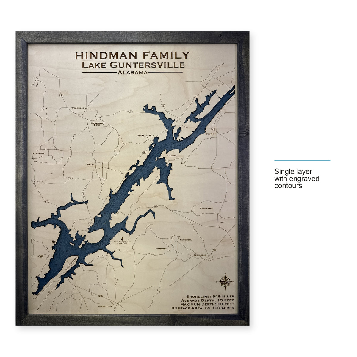 Guntersville Hindman wood map — single layer with engraved contours, layer option shown