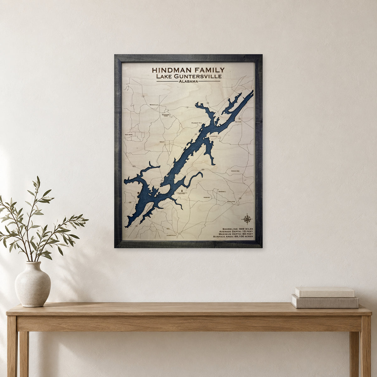 Guntersville Hindman wood map — single layer with engraved contours, staged room mockup
