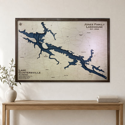 Guntersville Jones wood map — multilayer, staged room mockup