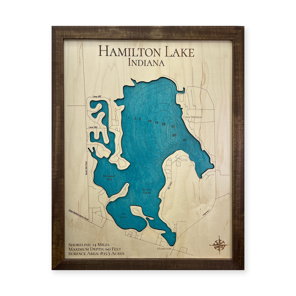 Hamilton Backfill wood map — single layer with engraved contours, white background