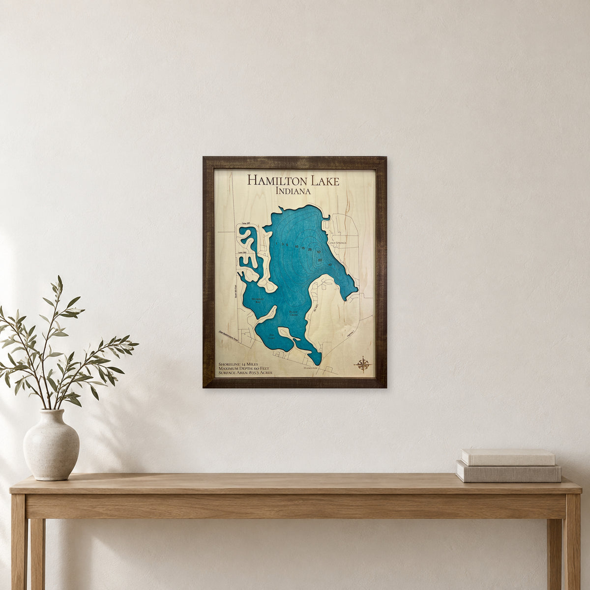 Hamilton Backfill wood map — single layer with engraved contours, staged room mockup