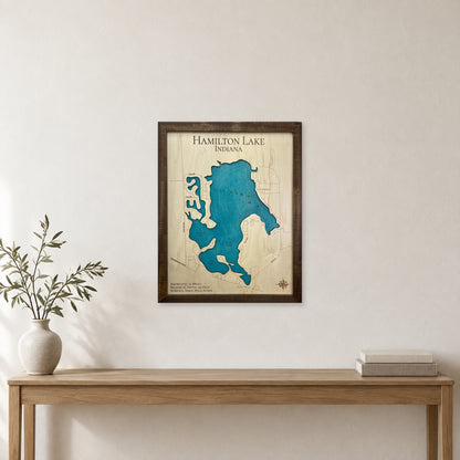 Hamilton Backfill wood map — single layer with engraved contours, staged room mockup