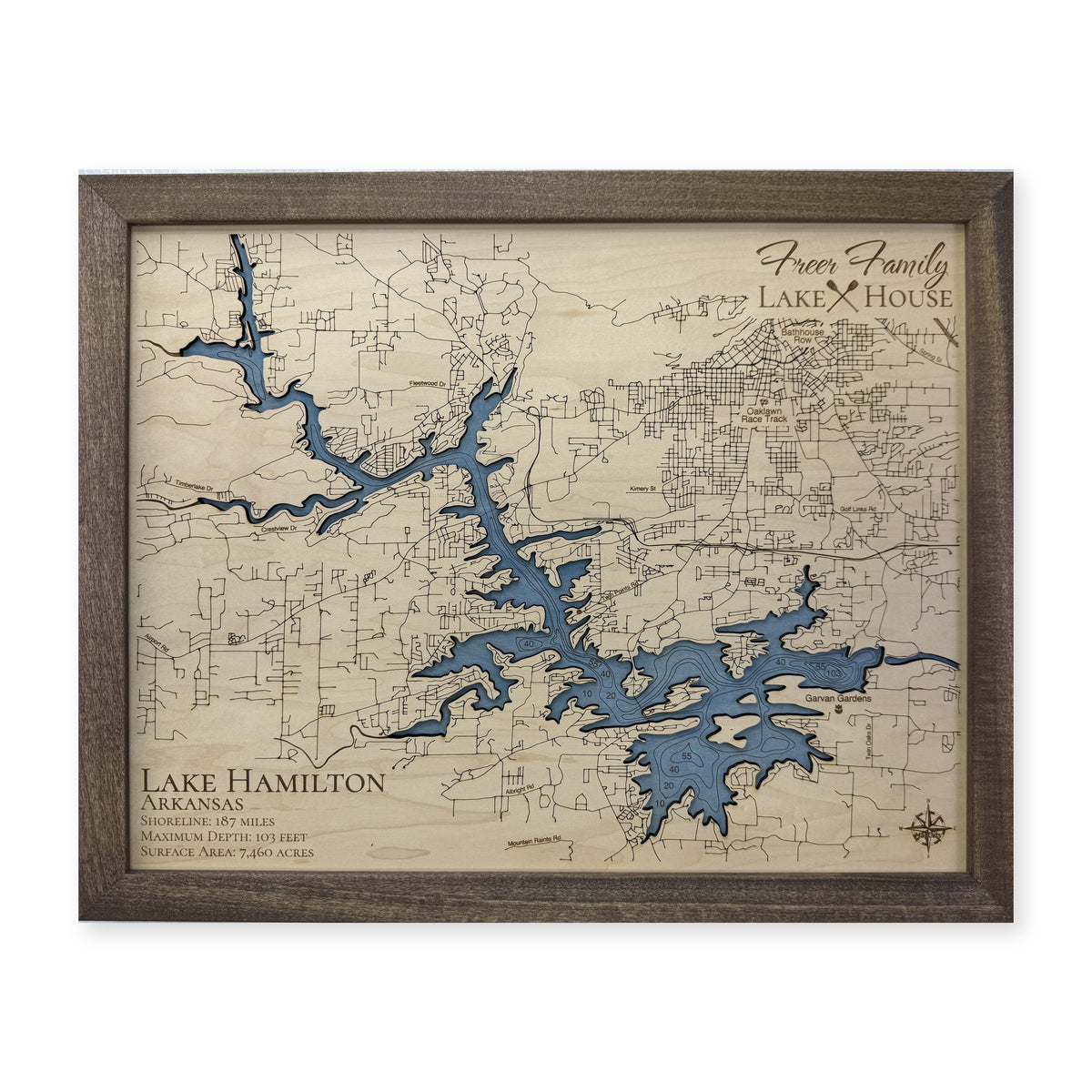 Hamilton Freer wood map — single layer with engraved contours, white background