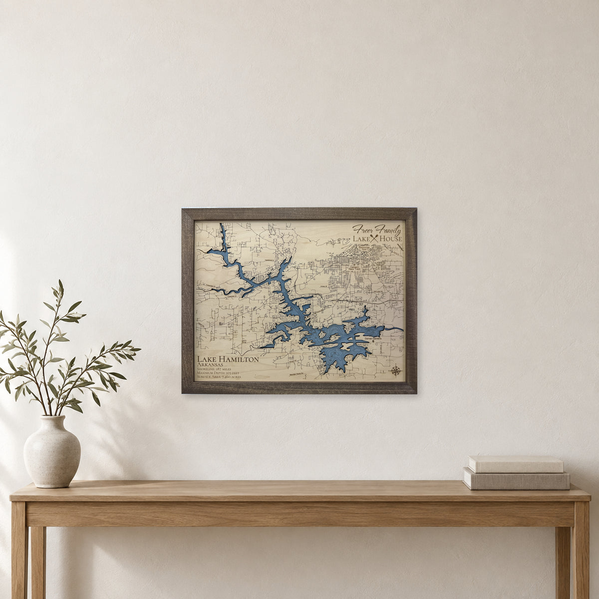 Hamilton Freer wood map — single layer with engraved contours, staged room mockup