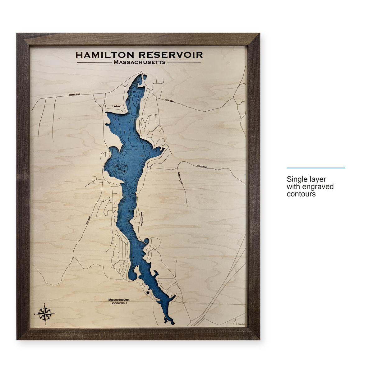 Hamilton Reservoir wood map — single layer with engraved contours, layer option shown