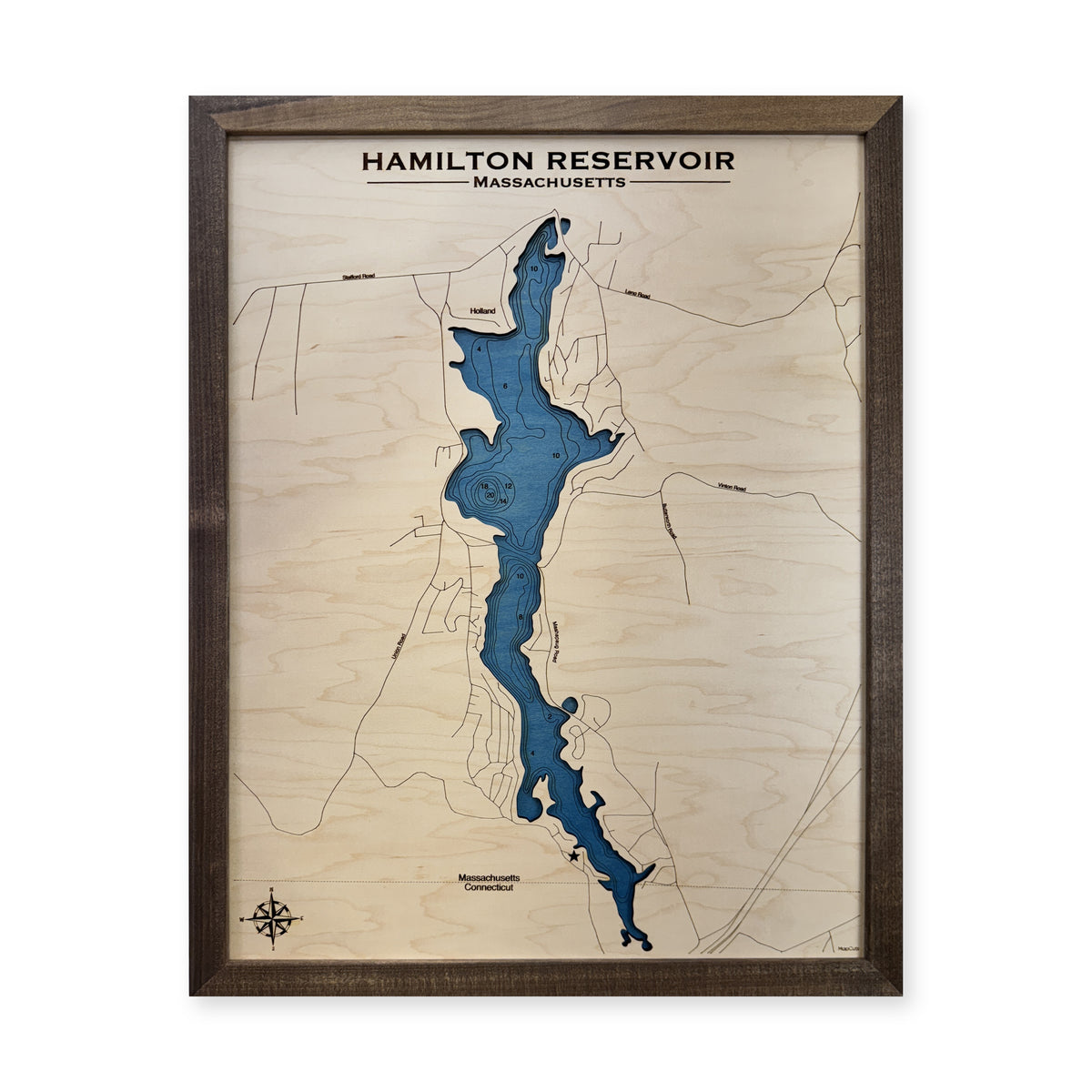 Hamilton Reservoir wood map — single layer with engraved contours, white background