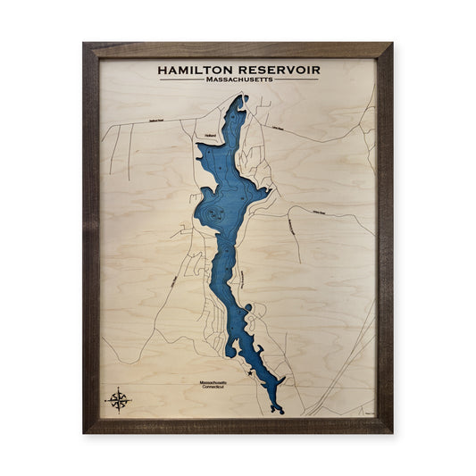 Hamilton Reservoir wood map — single layer with engraved contours, white background
