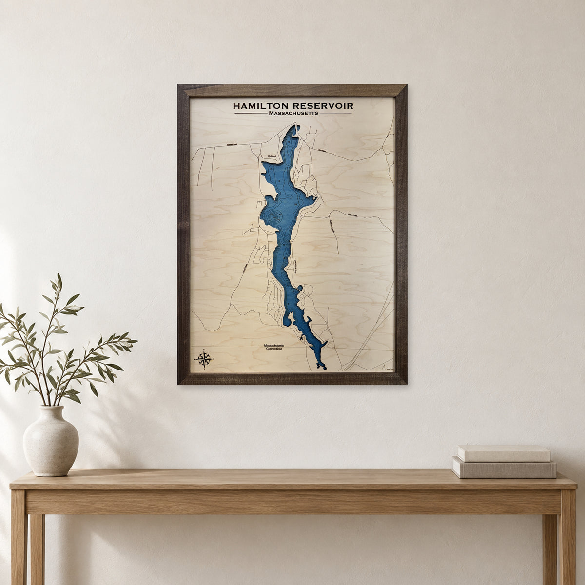 Hamilton Reservoir wood map — single layer with engraved contours, staged room mockup