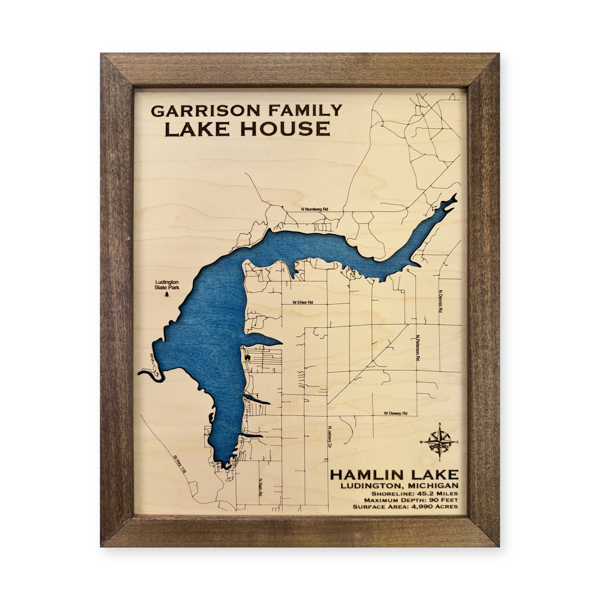 Hamlin Lake Garrison wood map — single layer, white background