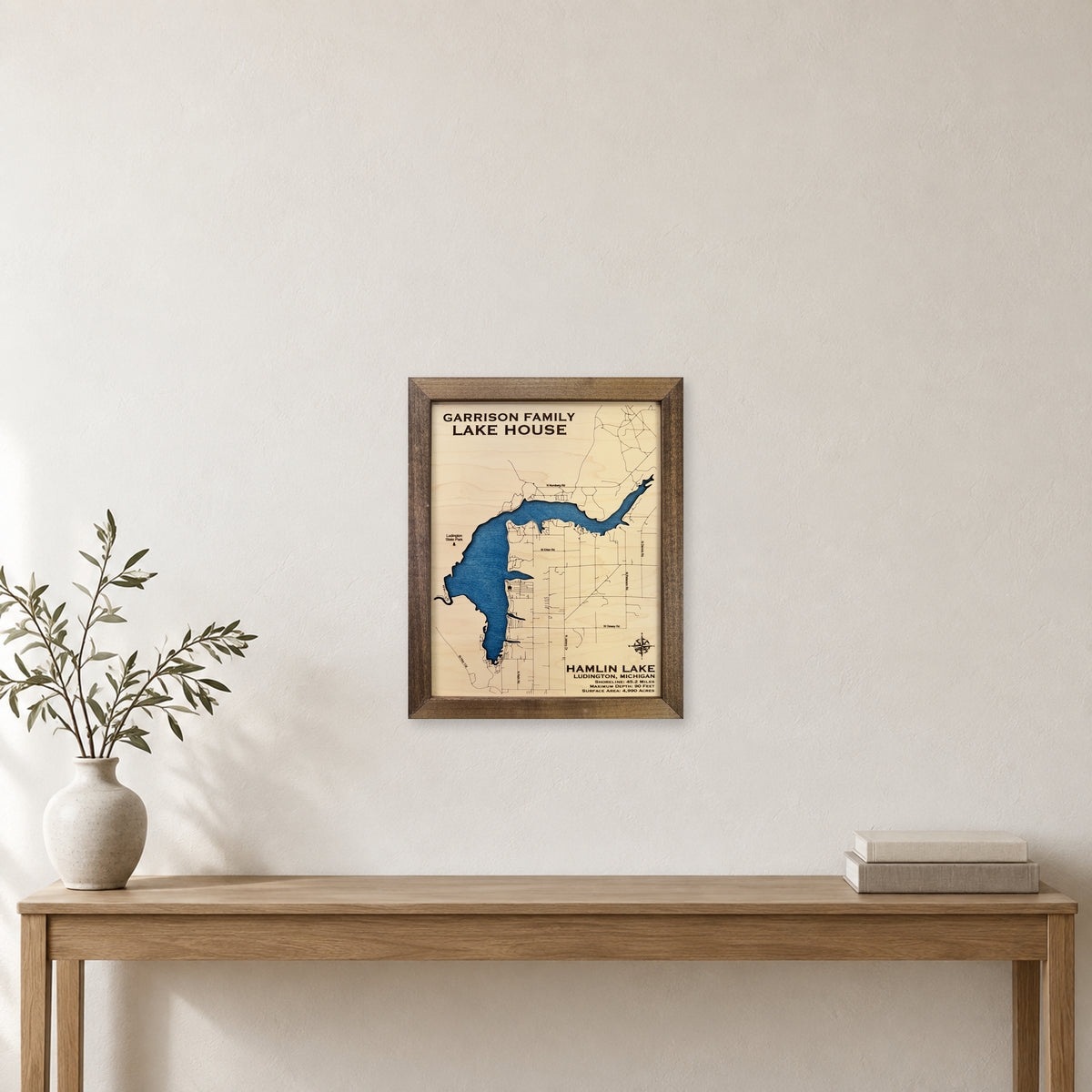 Hamlin Lake Garrison wood map — single layer, staged room mockup
