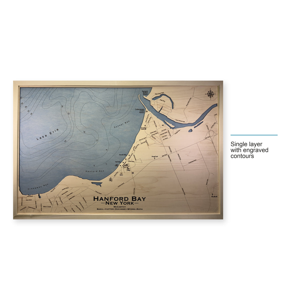 Hanford Bay wood map — single layer with engraved contours, layer option shown