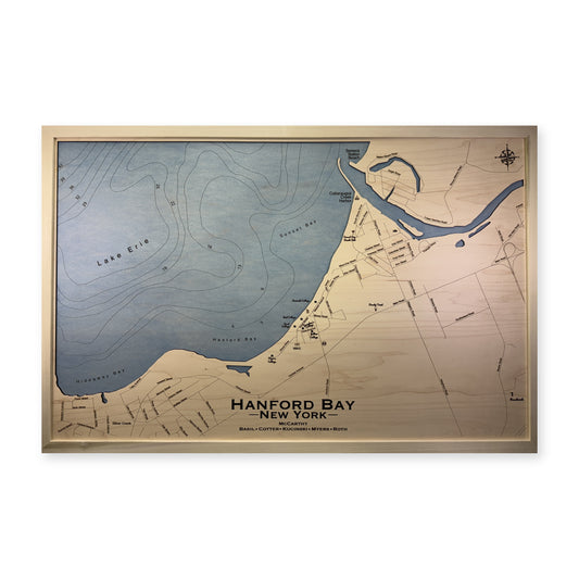 Hanford Bay wood map — single layer with engraved contours, white background