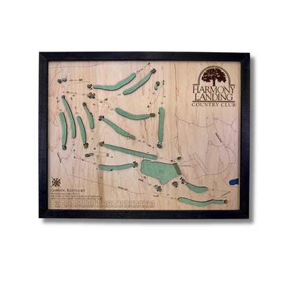 Harmony Landing wooden golf map with black frame.