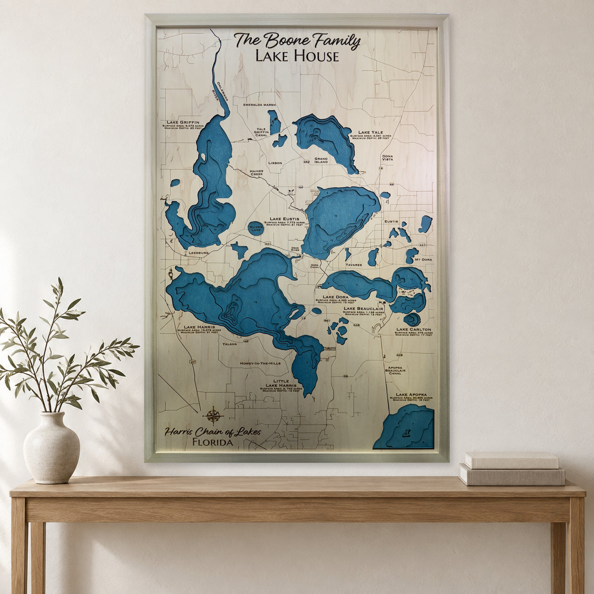 Harris Chain Boone wood map — multilayer, staged room mockup